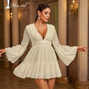 Missord Plunging Neck Frill Ruffle/Tiered Hem Chiffon Baby Doll Style Mini Dress